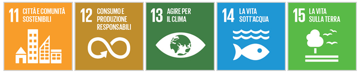 Punti da 11 a 15 Agenda 2030. Città e comunità sostenibili, consumo e produzioni responsabili, agire per il clima, la vita sott'acqua, la vita sulla terra.