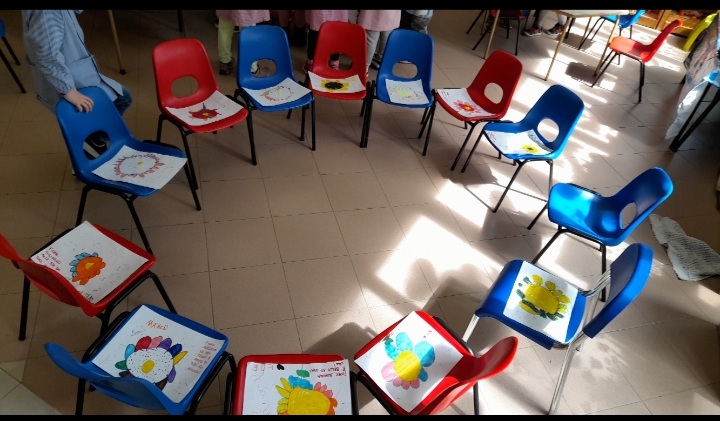 Cerchio di sedie su cui i bambini hanno lasciato il loro disegno