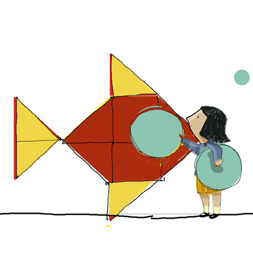 disegno di bambina che gioca con un grande pesce di carta
