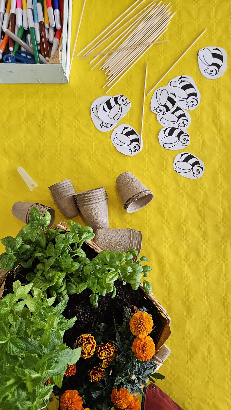 foto di tavolo con tovaglia gialla su cui sono presenti pinatine, fiori, bicchieri e alcune stampe che rappresentano un'ape