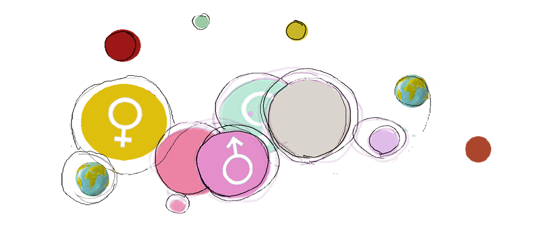Disegno di cerchi colorati con simboli di identità di genere e Terra