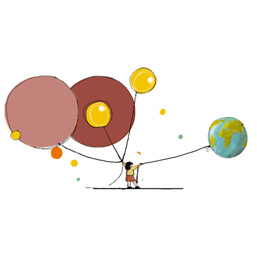 Disegno di bambina con palloncini e Terra