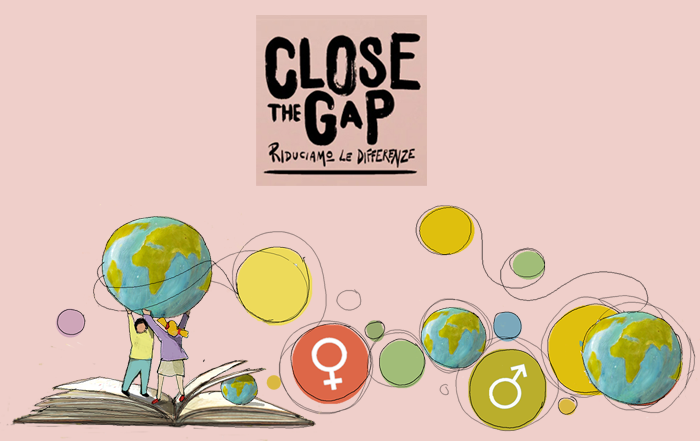 close the gap. disegno di libro con bambini che reggono la Terra